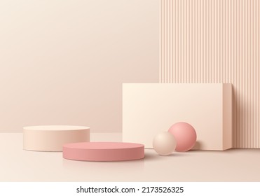 Resumen de la habitación 3D con un conjunto de podio peatonal realista de cilindro rosa, crema y beige. Elemento de formas geométricas. Escena mínima para la presentación del producto. Mesa redonda para el escaparate. EPS10 vectores.