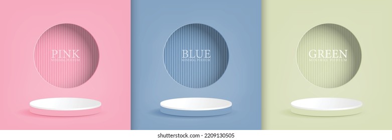 Abstract 3D Room Set With Realistic Cylinder Plinth In Pink, Blue, Light Green, Vertical Stripes In Circular Window On The Wall. Vector Geometry Simulated Product Display, Minimal Scene.