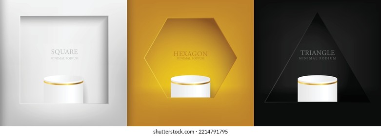 Abstract 3D room set with realistic cylinder plinth on geometric background silver, gold, black, geometric window on the wall. vector geometry Simulated product display, minimal scene, Studio room.