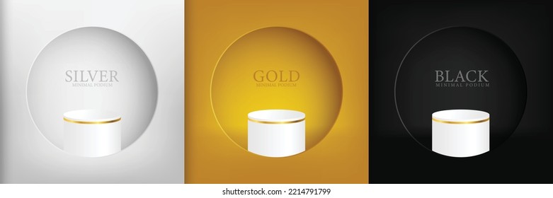 Abstract 3D room set with realistic cylinder plinth on background silver, gold, black, circular window on the wall. vector geometry Simulated product display, minimal scene, Studio room.