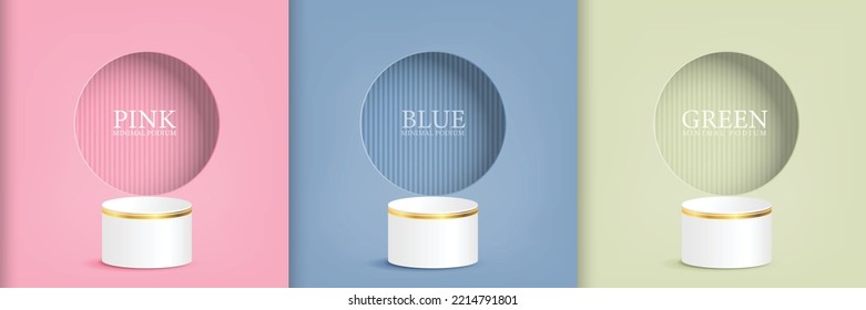 Abstract 3D room set with realistic cylinder plinth on background pink, blue, light green, vertical stripes in circular window on the wall. vector geometry Simulated product display, minimal scene