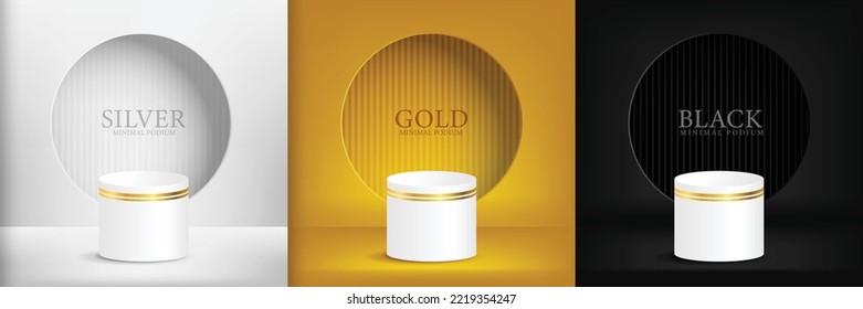 Abstract 3D Room Set With Realistic Cylinder Plinth On Background Silver, Gold, Black, Circular Window On The Wall. Vector Geometry Simulated Product Display, Minimal Scene, Studio Room.