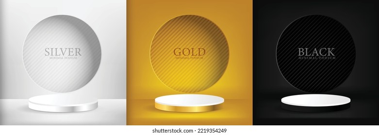 Abstract 3D room set with realistic cylinder plinth on background silver, gold, black, circular window on the wall. vector geometry Simulated product display, minimal scene, Studio room.