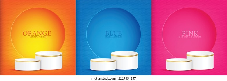 Abstract 3D room set with realistic cylinder plinth on background orange, blue, pink, circular window on the wall. vector geometry Simulated product display, minimal scene, Studio room.