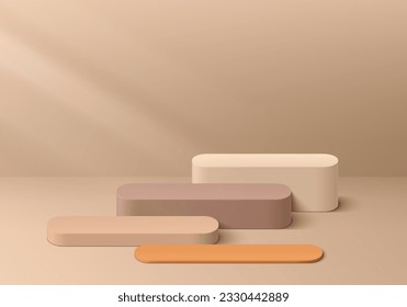 Abstract 3D room with set of realistic steps cream, beige and orange round pedestal podium. Minimal wall scene for product display mockup presentation. Vector render geometric forms. Stage showcase. 
