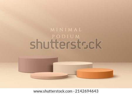 Abstract 3D room with set of realistic steps cream, beige and orange cylinder pedestal podium. Minimal scene for product display mockup presentation. Vector rendering geometric forms. Stage showcase. 