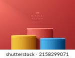 Abstract 3D room with set of steps realistic red, yellow and blue color cylinder stand podium. Minimal wall scene for mockup product display. Vector geometric forms. Stage for showcase. Vector EPS10