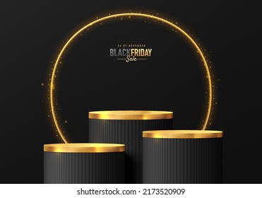 Abstract 3D room with set of steps realistic black and golden cylinder stand podium in black friday concept. Luxury minimal scene for mockup product display. Vector geometric forms. Stage showcase. 