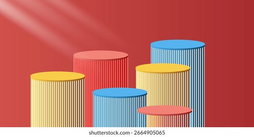 Abstract 3D room with set of steps realistic red, yellow and blue color cylinder stand podium. Minimal wall scene for mockup product display. Vector geometric forms. vector illustration