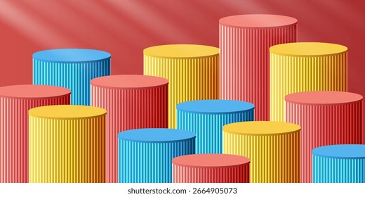Abstractas sala 3D con conjunto de pasos realista rojo, amarillo y azul color cilindro stand podium. Escena de pared mínima para la exhibición del producto de la maqueta. Formas geométricas de Vector. diseño moderno