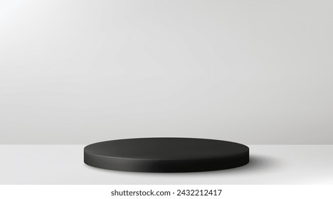 Sala 3D abstracta blanco, negro realista redondo, podio cilíndrico. Escena mínima. Escaparate del escenario, diseño del producto.