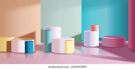 abstract 3D room with yellow, blue, pink, white realistic cylinder podium. Line arch shape on the wall. Vector rendering geometric form. Mockup product display. Minimal scene. Stage showcase.