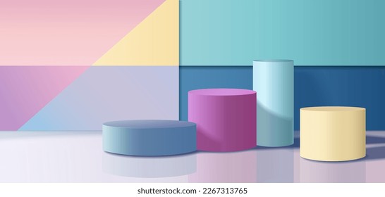 abstract 3D room with yellow, blue, pink, and white realistic cylinder podium. pastel color on the wall. Vector rendering geometric form. Mockup product display. Minimal scene. Stage showcase.