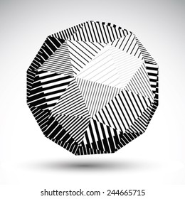 Abstract 3D rounded vector contrast figure constructed from striped isosceles triangles. Graffiti black and white geometric element.