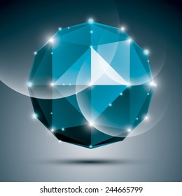 Abstract 3D sapphire festive sphere with sparkles, cobalt twinkle orb created from triangles, eps10.