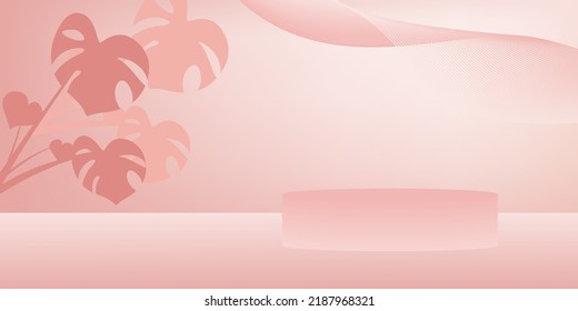 Abstract 3d scene background. Pink podium background for product presentation, branding and packaging. Round podium with Tropical Leaves background shadow. vector design.