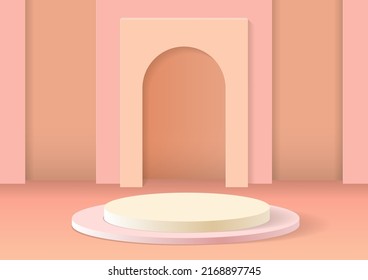 Resumen de la escena 3D con la pantalla de podio con formas geométricas. Concepto de simulación minimalista, espacio en blanco, diseño simple y limpio.