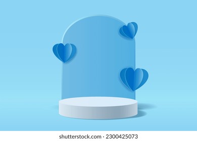 Abstract 3D scene for presentation product, White cylinder stand for displaying products decorated with blue paper cut hearts, Father's Day background, Vector illustration