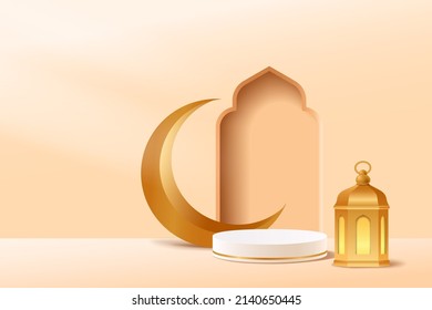 Resumen de la escena 3D para el simulacro, concepto Ramadan Kareem, podio cilíndrico con luna creciente de oro y lámpara de luz de linterna para mostrar el fondo de la presentación del producto, ilustración vectorial