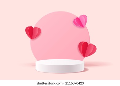 Abstract 3D scene white cylinder stand for displaying products decorated with red and pink paper cut hearts, Valentine's Day or Mother's day background, Vector illustration