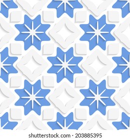 Abstract 3d seamless background. Blue snowflakes and white squares with out of paper effect. 