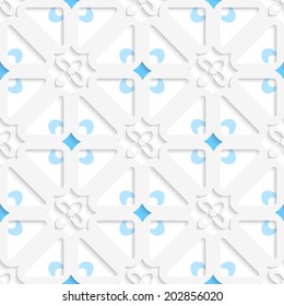 Abstract 3d seamless background. Diagonal white small flowers layered with blue pattern with cut out of paper effect. 