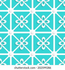 Abstract 3d seamless background. Green and white flowers pattern with cut out of paper 3d effect. 