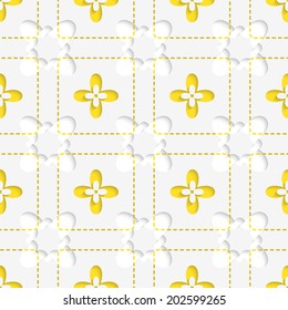 Abstract 3d seamless background. Perforated squares with yellow flowers pattern with cut out of paper 3d effect. 