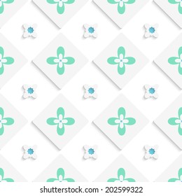 Abstract 3d seamless background. Square with green flowers tile ornament with cut out of paper 3d effect. 