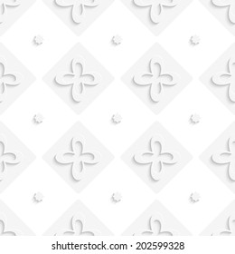 Abstract 3d seamless background. White squares and flowers pattern with cut out of paper 3d effect. 