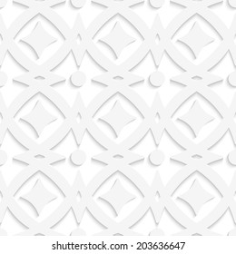 Abstract 3d seamless background. White rhombuses and white ornament with cut out of paper effect. 