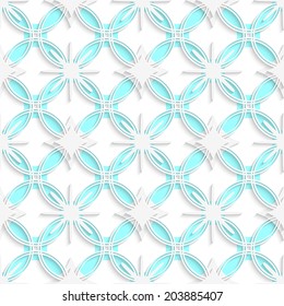 Abstract 3d seamless background. White detailed ornament layered on cyan circles with out of paper effect. 