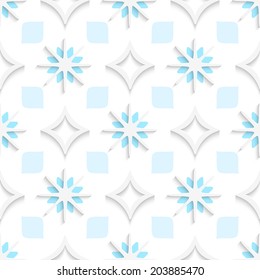 Abstract 3d seamless background. White pointy rhombuses with blue and white snowflakes and cut out of paper effect. 