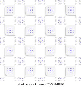 Abstract 3d seamless background. White geometrical ornament small rectangle gropes and leaves with purple details and cut out of paper effect. 