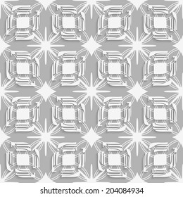 Abstract 3d seamless background. White split leaves with cut out of paper effect layered with light gray ornament on dark gray background. 