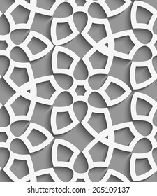 Abstract 3d seamless background. White  geometrical floristic net on gray pattern with cut out of paper effect. 