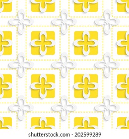 Abstract 3d seamless background. Yellow squares and white flowers pattern with cut out of paper 3d effect. 