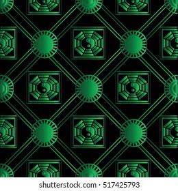 Abstract 3d seamless pattern. Elegant geometric  background. Yin yang green decorative symbols.Black backdrop.Vector design.