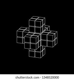 Abstract 3d shape from cubes. Isolated on black background. Dimetric projection. Vector outline illustration.