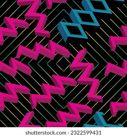 abstract 3d shape over background with lines seamless pattern; 3d zig zag shape and 3d diamond and gradient lines vector