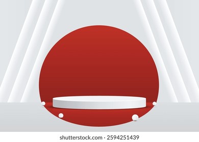Abstract 3D shape podium with lighting on studio background. Display pedestal mockup minimal scene empty stage for presentation product cosmetic, stand, showcase, exhibition, fashion stage. Vector
