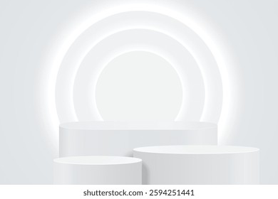 Abstract 3D shape podium with lighting on studio background. Display pedestal mockup minimal scene empty stage for presentation product cosmetic, stand, showcase, exhibition, fashion stage. Vector
