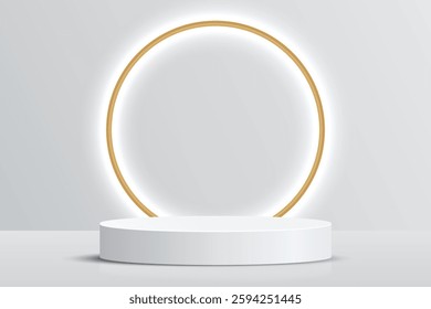 Abstract 3D shape podium with lighting on studio background. Display pedestal mockup minimal scene empty stage for presentation product cosmetic, stand, showcase, exhibition, fashion stage. Vector
