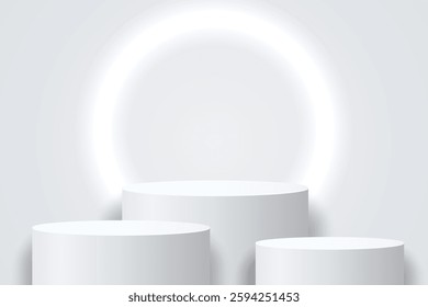 Abstract 3D shape podium with lighting on studio background. Display pedestal mockup minimal scene empty stage for presentation product cosmetic, stand, showcase, exhibition, fashion stage. Vector
