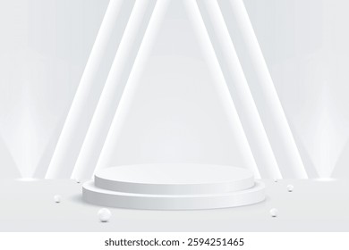 Abstract 3D shape podium with lighting on studio background. Display pedestal mockup minimal scene empty stage for presentation product cosmetic, stand, showcase, exhibition, fashion stage. Vector
