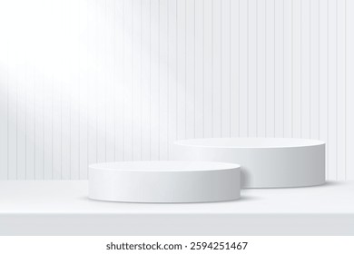 Abstract 3D shape podium with lighting on studio background. Display pedestal mockup minimal scene empty stage for presentation product cosmetic, stand, showcase, exhibition, fashion stage. Vector
