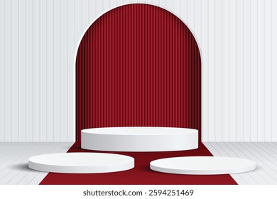 Abstract 3D shape podium with lighting on studio background. Display pedestal mockup minimal scene empty stage for presentation product cosmetic, stand, showcase, exhibition, fashion stage. Vector
