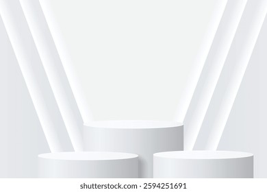 Abstract 3D shape podium with lighting on studio background. Display pedestal mockup minimal scene empty stage for presentation product cosmetic, stand, showcase, exhibition, fashion stage. Vector
