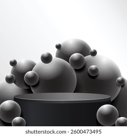 Abstract 3D shape podium with sphere ball on studio background. Pedestal mockup minimal scene empty stage for presentation product cosmetic, stand, showcase, exhibition, fashion display. Vector
