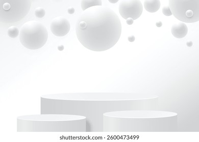 Abstract 3D shape podium with sphere ball on studio background. Pedestal mockup minimal scene empty stage for presentation product cosmetic, stand, showcase, exhibition, fashion display. Vector
